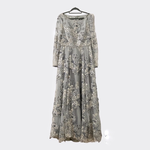 Mac Duggal Silver Floral Embellished Illusion Long Sleeve A Line Gown Size 10 - Picture 4 of 14